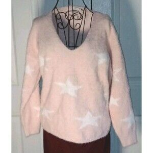 Lush Pink Star Soft Eyelash Sweater Sz L Fuzzy V-Neck Whimsical Romantic Chic